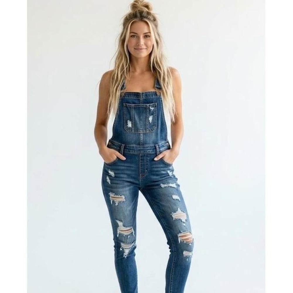 Dollhouse Denim Bib Overalls Juniors 7 28x29 Skinny Distressed Blue Y2K Retro